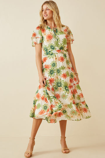 HY6829 Green Plus Floral Print Ruffle Neck Layered Sleeve Dress Full Body